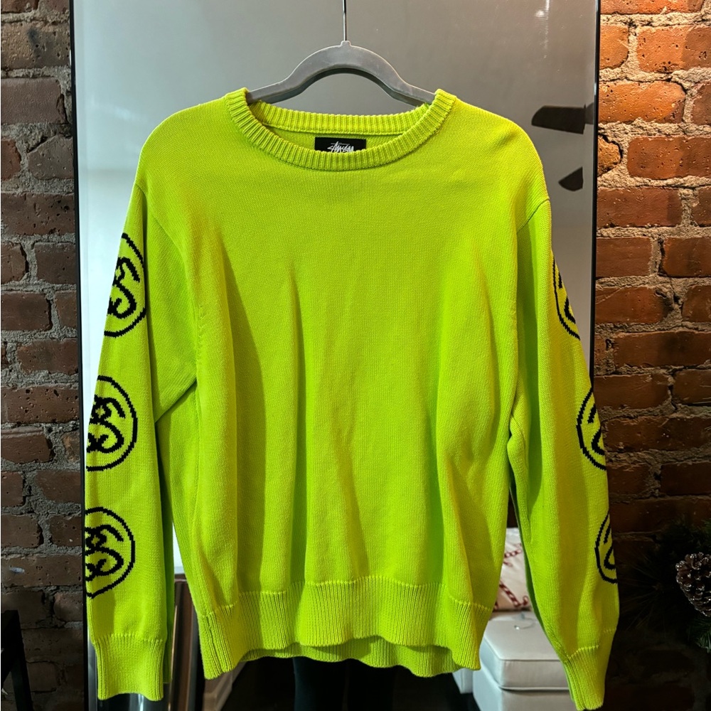 Stussy Neon Yellow Crewneck Sweater with Black Logos